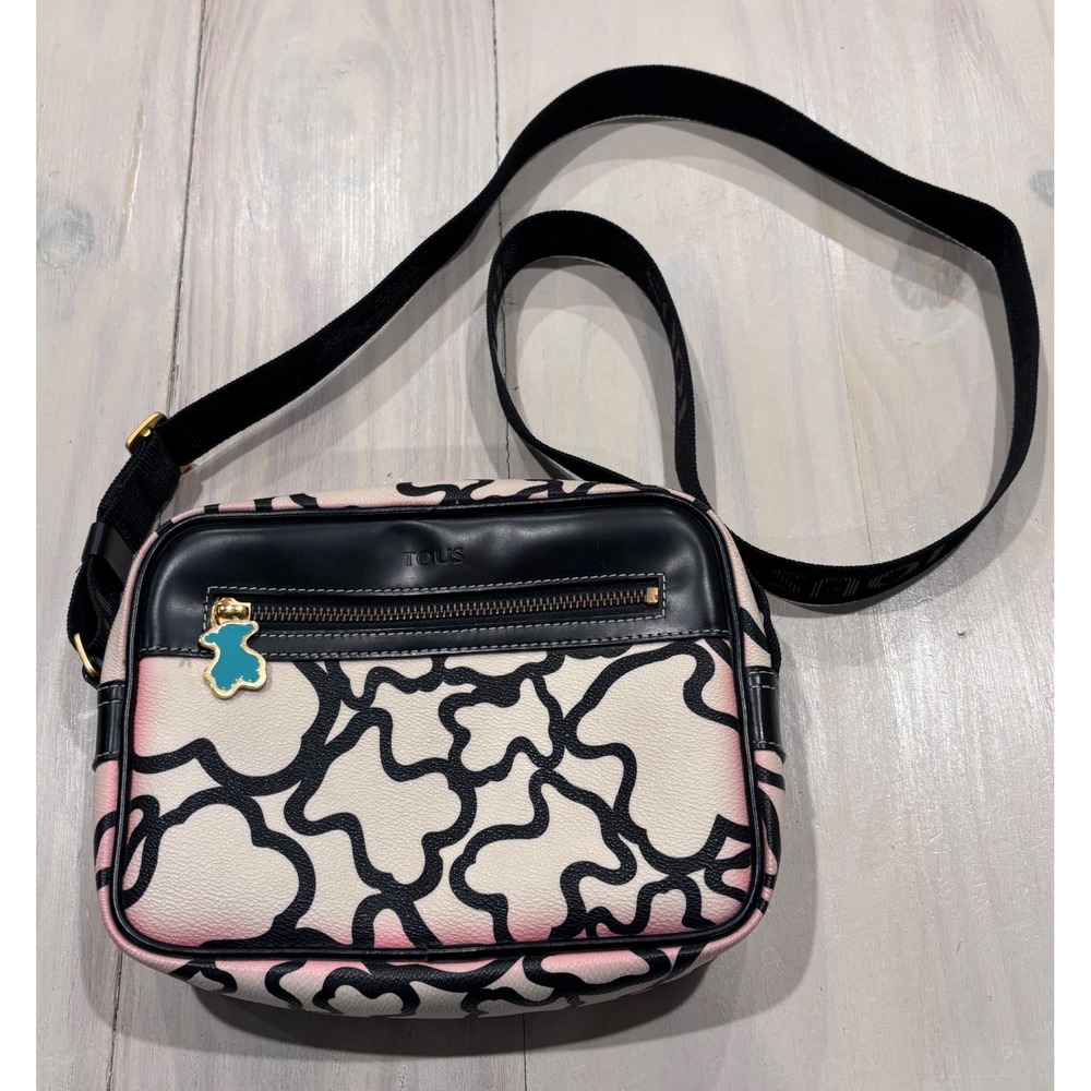 TOUS Kaos Shock Crossbody Bag Cream Black Pink Abstract Bear Camera Bag
